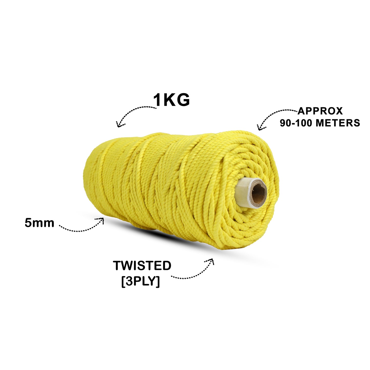 5mm Twisted (3Ply) | Yellow | Approx 100 Metres | 1kg Spool | Cotton | No 08