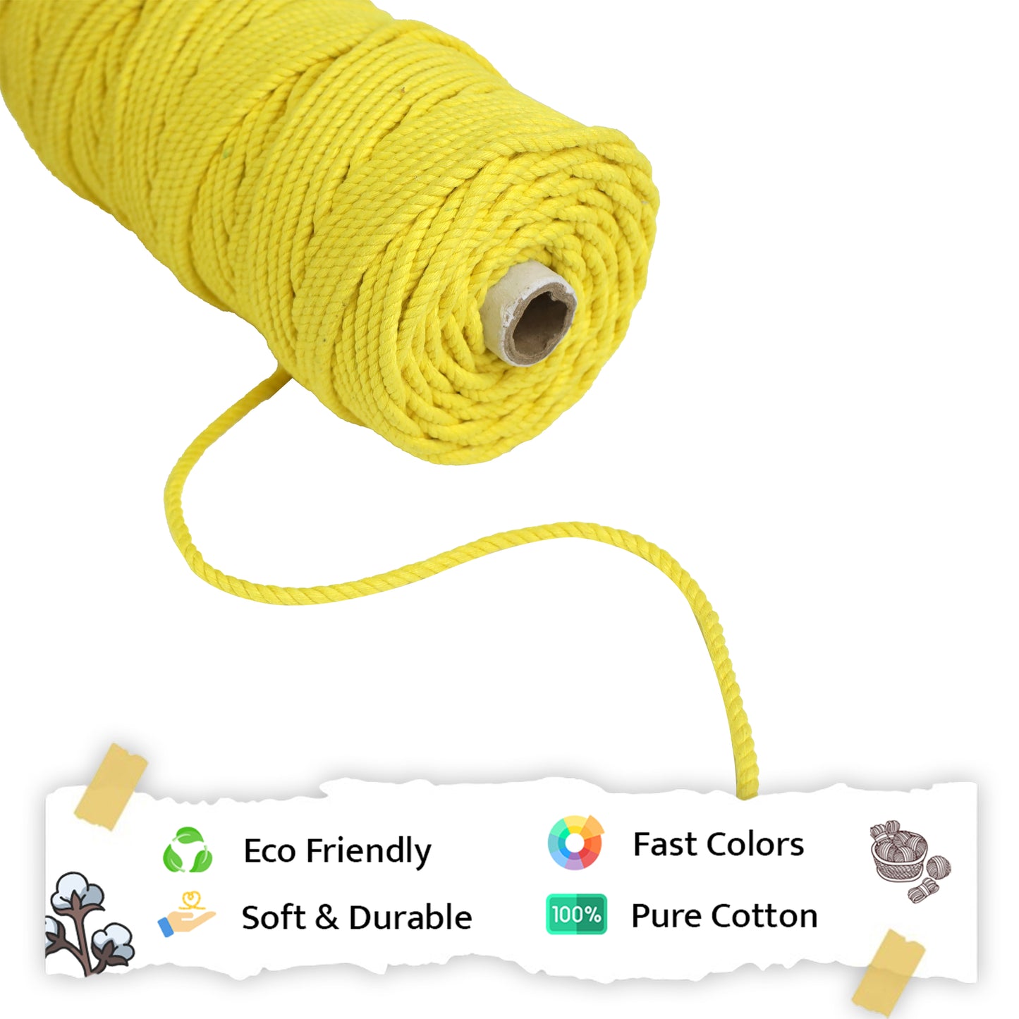 5mm Twisted (3Ply) | Yellow | Approx 100 Metres | 1kg Spool | Cotton | No 08