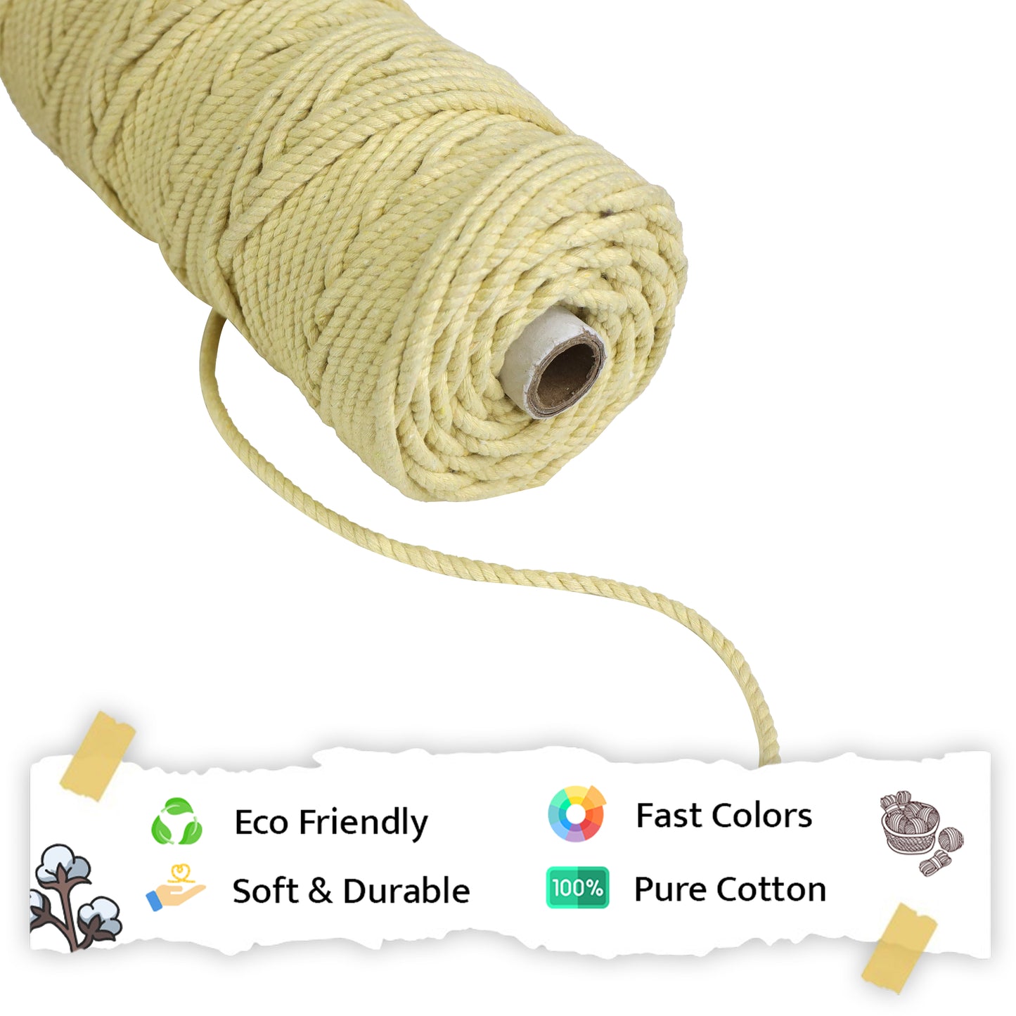 5mm Twisted (3Ply) | Light Yellow | Approx 100 Metres | 1kg Spool | Cotton | No 09