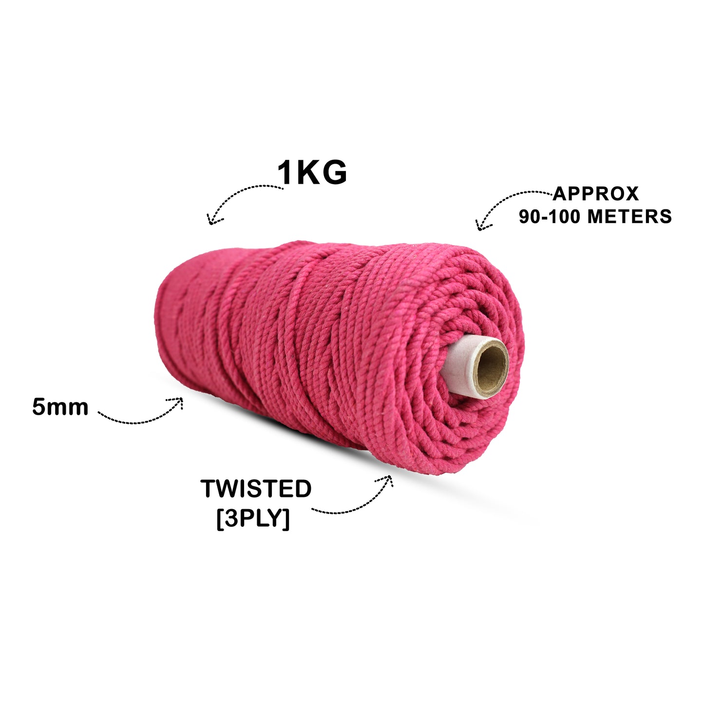 5mm Twisted (3Ply) | Hot Pink | Approx 100 Metres | 1kg Spool | Cotton | No 16