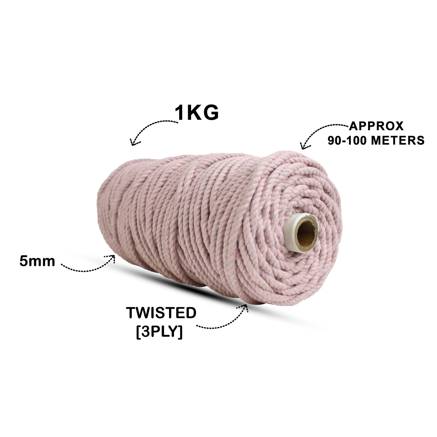 5mm Twisted (3Ply) | Baby Pink | Approx 100 Metres | 1kg Spool | Cotton | No 18