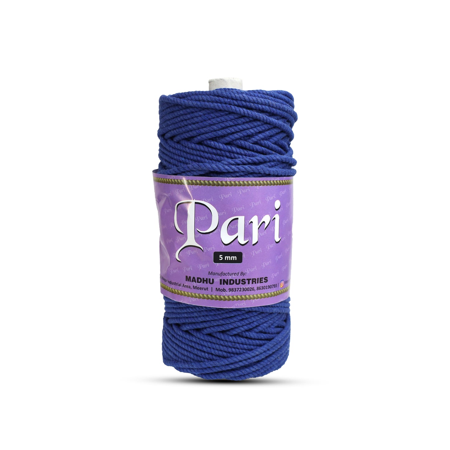 5mm ટ્વિસ્ટેડ (3Ply) | નીલમ વાદળી | આશરે 100 મીટર | 1 કિલો સ્પૂલ | કપાસ
