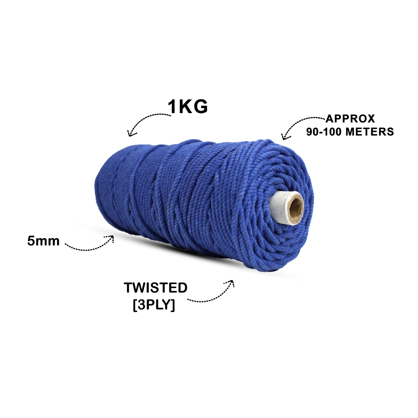 5mm ટ્વિસ્ટેડ (3Ply) | નીલમ વાદળી | આશરે 100 મીટર | 1 કિલો સ્પૂલ | કપાસ