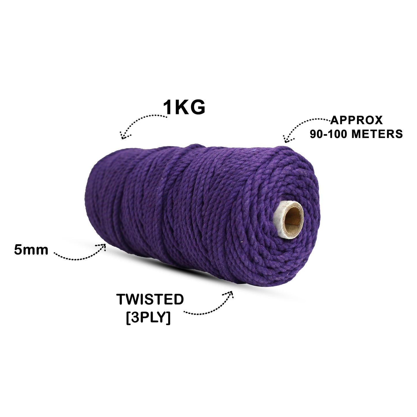 5mm Twisted (3Ply) | Violet | Approx 100 Metres | 1kg Spool | Cotton | No 21