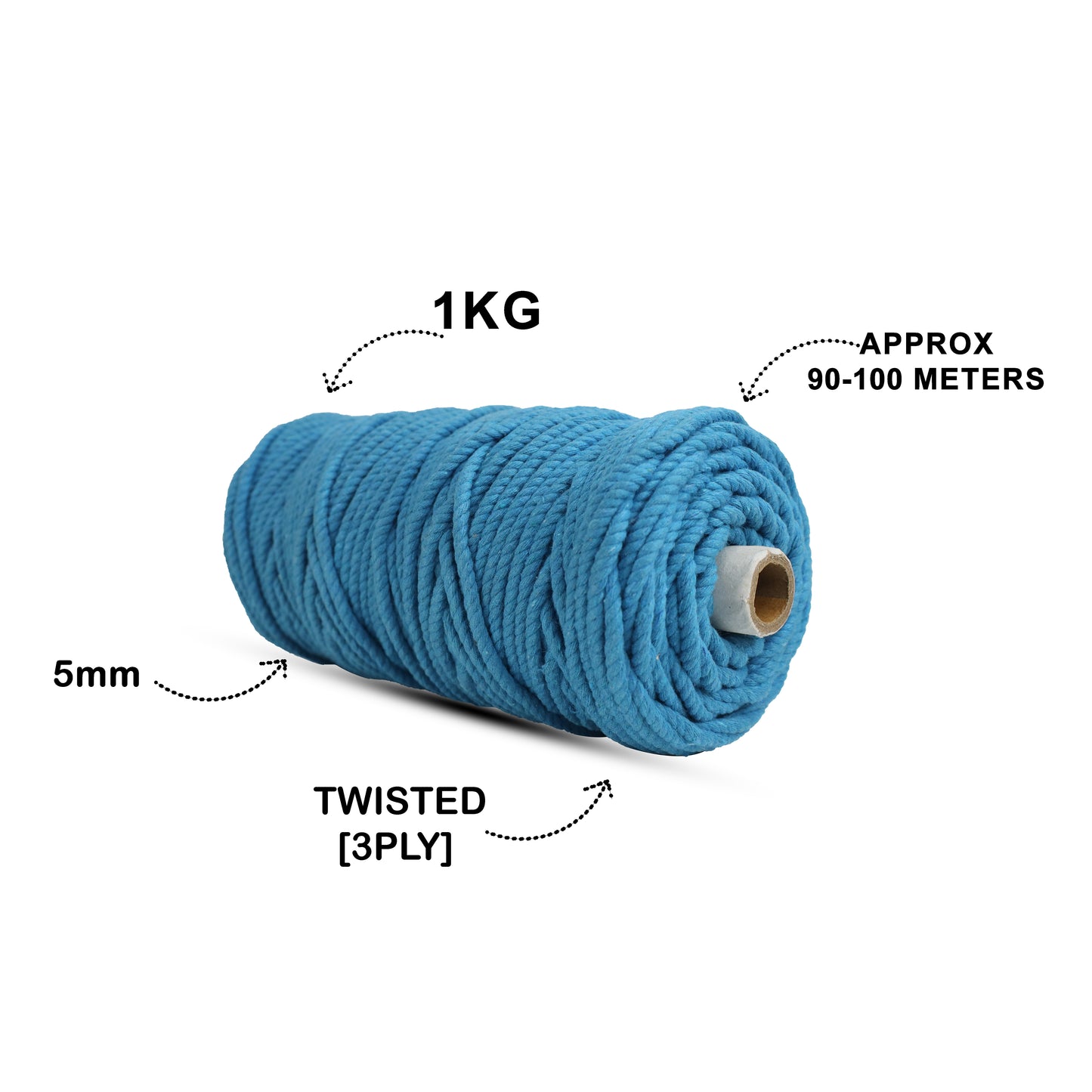 5mm Twisted (3Ply) | Bright Blue | Approx 100 Metres | 1kg Spool | Cotton | No 22