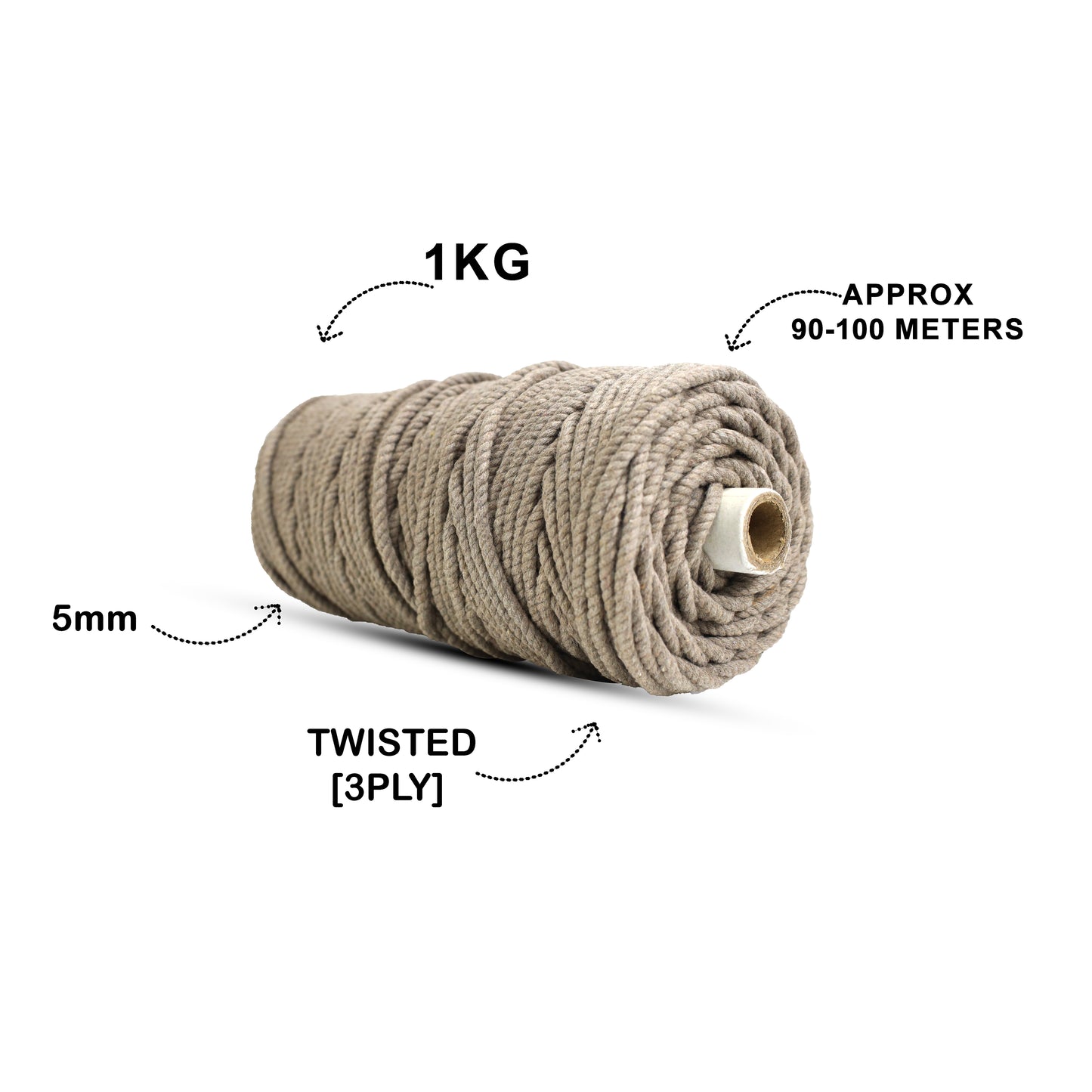 5mm Twisted (3Ply) | Mud Color | Approx 100 Metres | 1kg Spool | Cotton | No 23