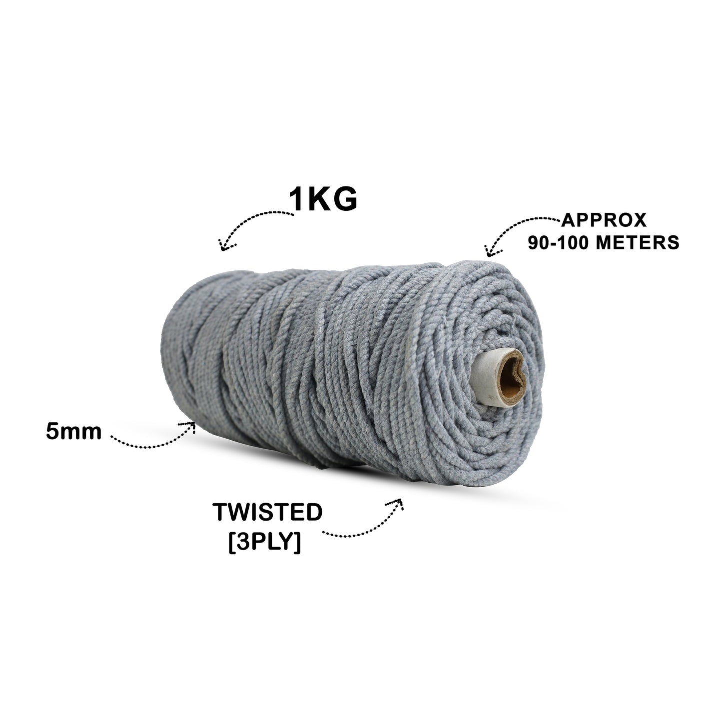 5mm Twisted (3Ply) | Steel Grey | Approx 100 Metres | 1kg Spool | Cotton | No 24