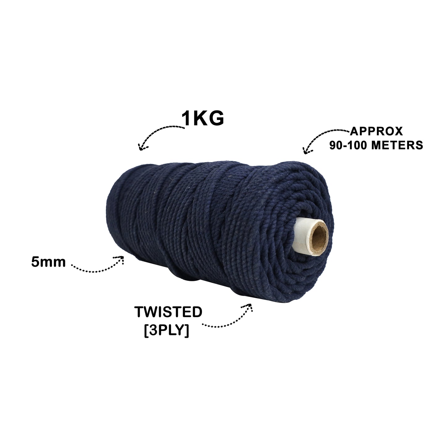 5mm Twisted (3Ply) | Dark Blue | Approx 100 Metres | 1kg Spool | Cotton | No 27