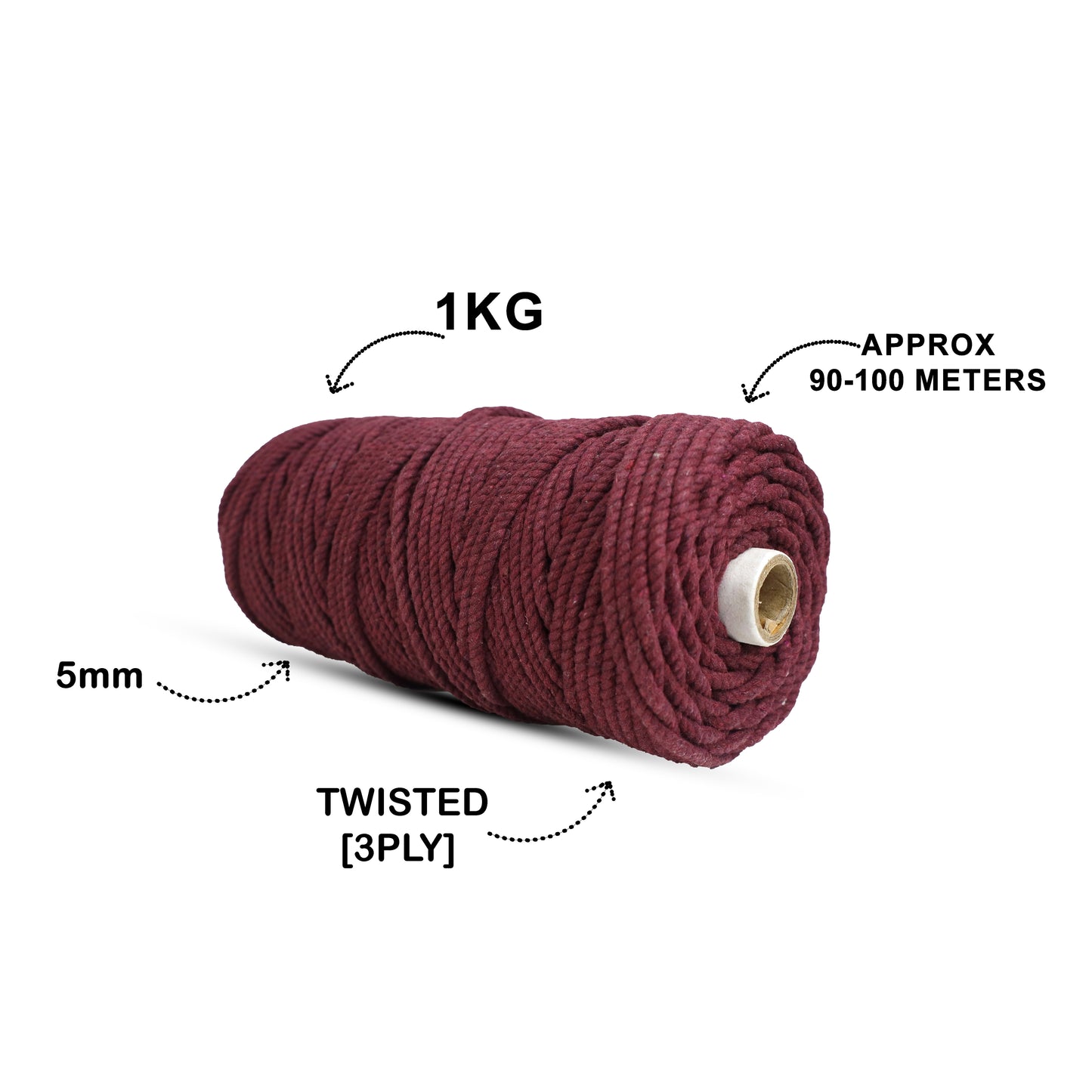 5mm Twisted (3Ply) | Wine | Approx 100 Metres | 1kg Spool | Cotton | No 29