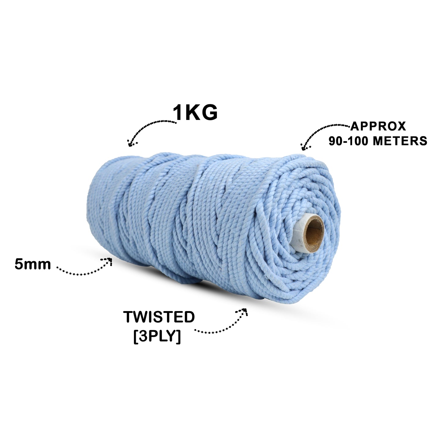 5mm Twisted (3Ply) | Ice Blue | Approx 100 Metres | 1kg Spool | Cotton | No 32