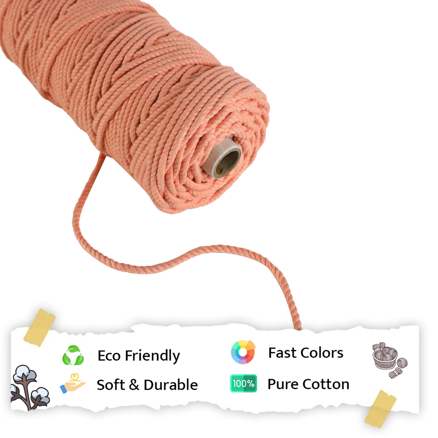 5mm Twisted (3Ply) | Pastel Orange | Approx 100 Metres | 1kg Spool | Cotton | No 34