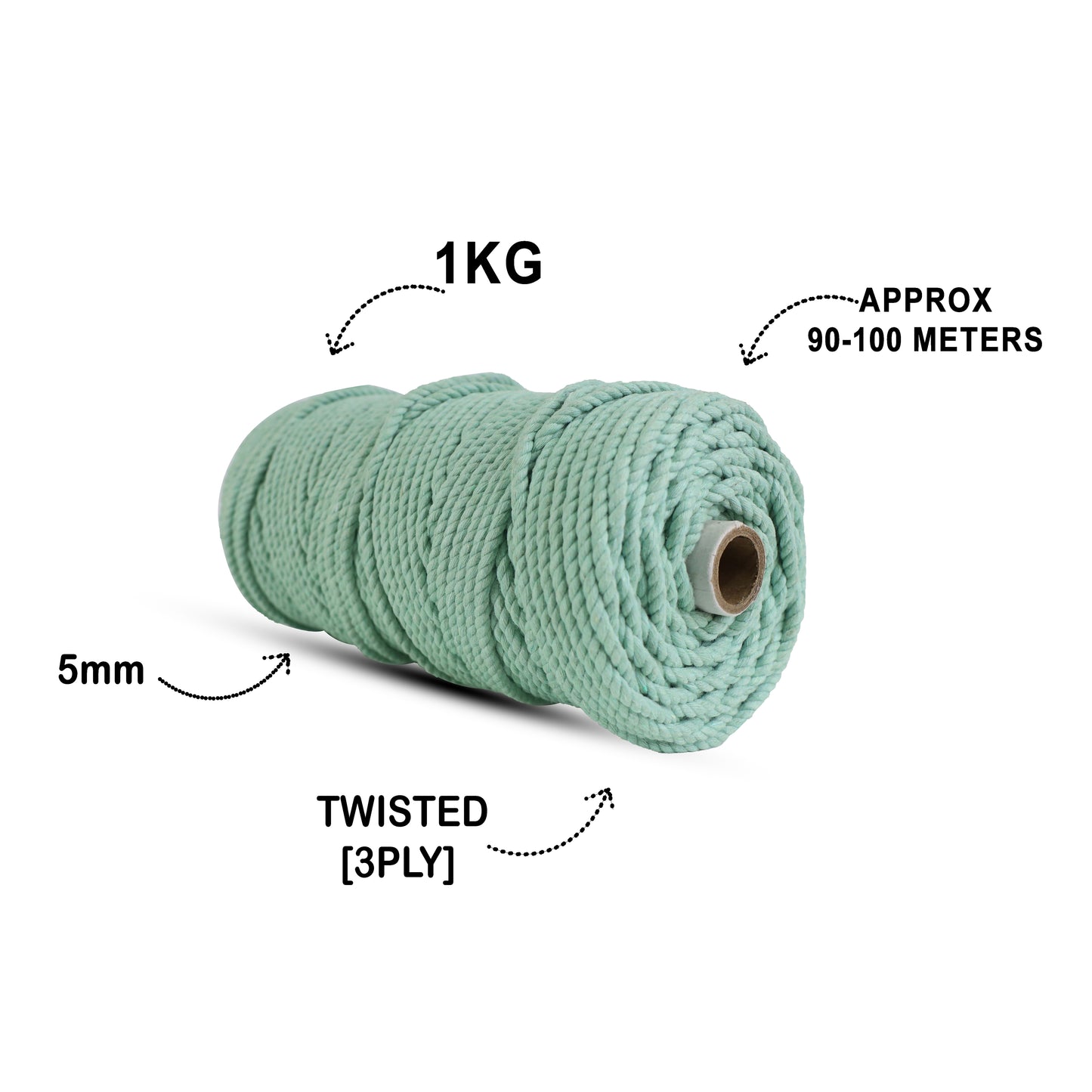 5mm Twisted (3Ply) | Mint Green | Approx 100 Metres | 1kg Spool | Cotton | No 35
