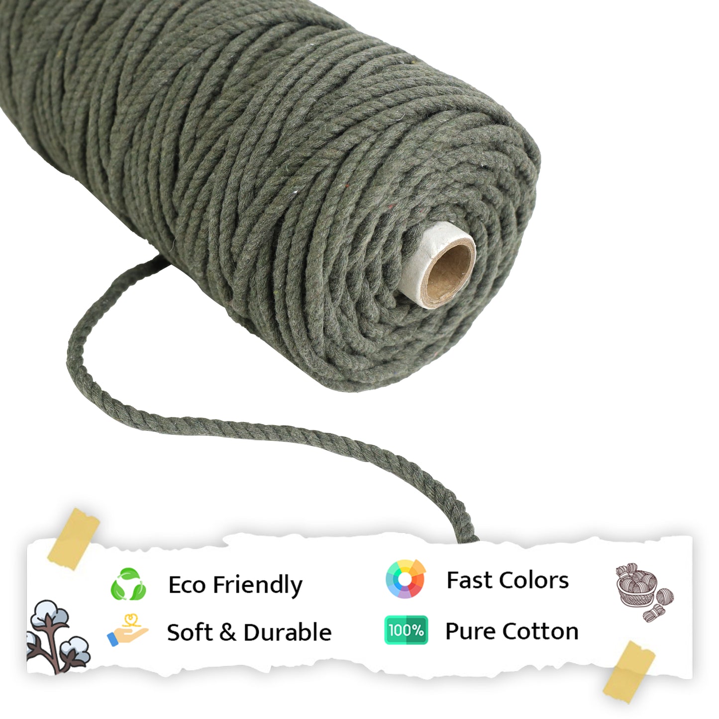 5mm Twisted (3Ply) | Army Green | Approx 100 Metres | 1kg Spool | Cotton | No 38