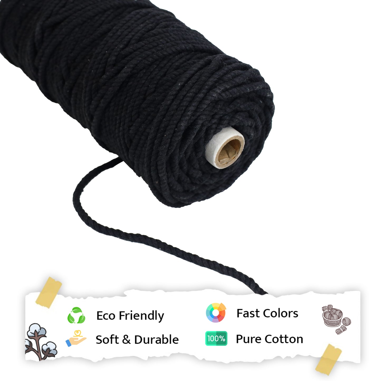 5mm ટ્વિસ્ટેડ (3Ply) | કાળો | આશરે 100 મીટર | 1 કિલો સ્પૂલ | કપાસ