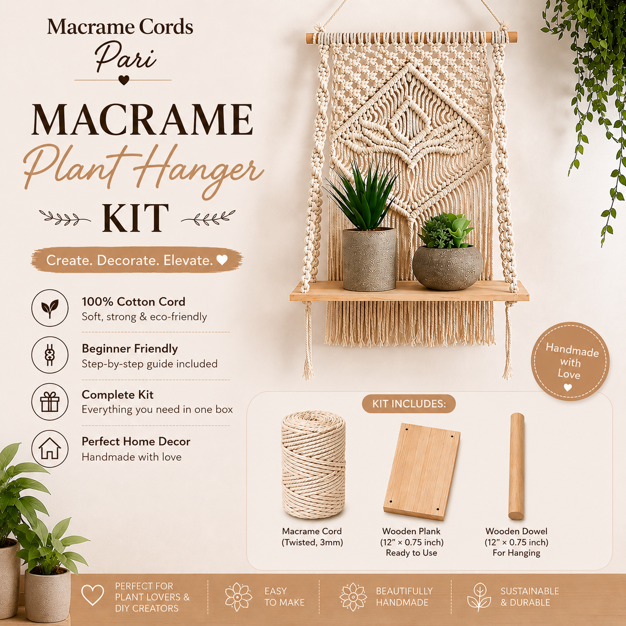 Plant Hanger with Wooden Shelf - DIY Craft Kit