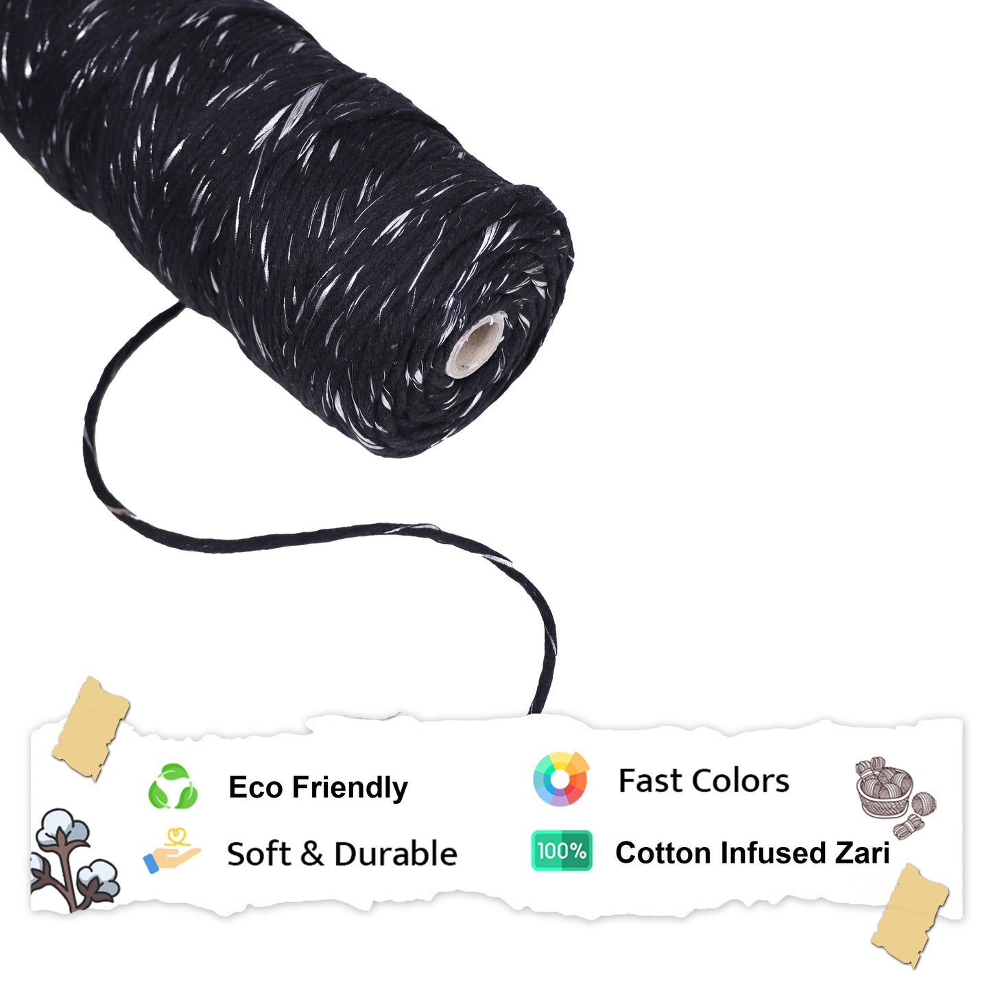 3mm Single | Black+ Silver | Approx 200 - 250 Metres | 1kg Spool | Cotton Infused Zari