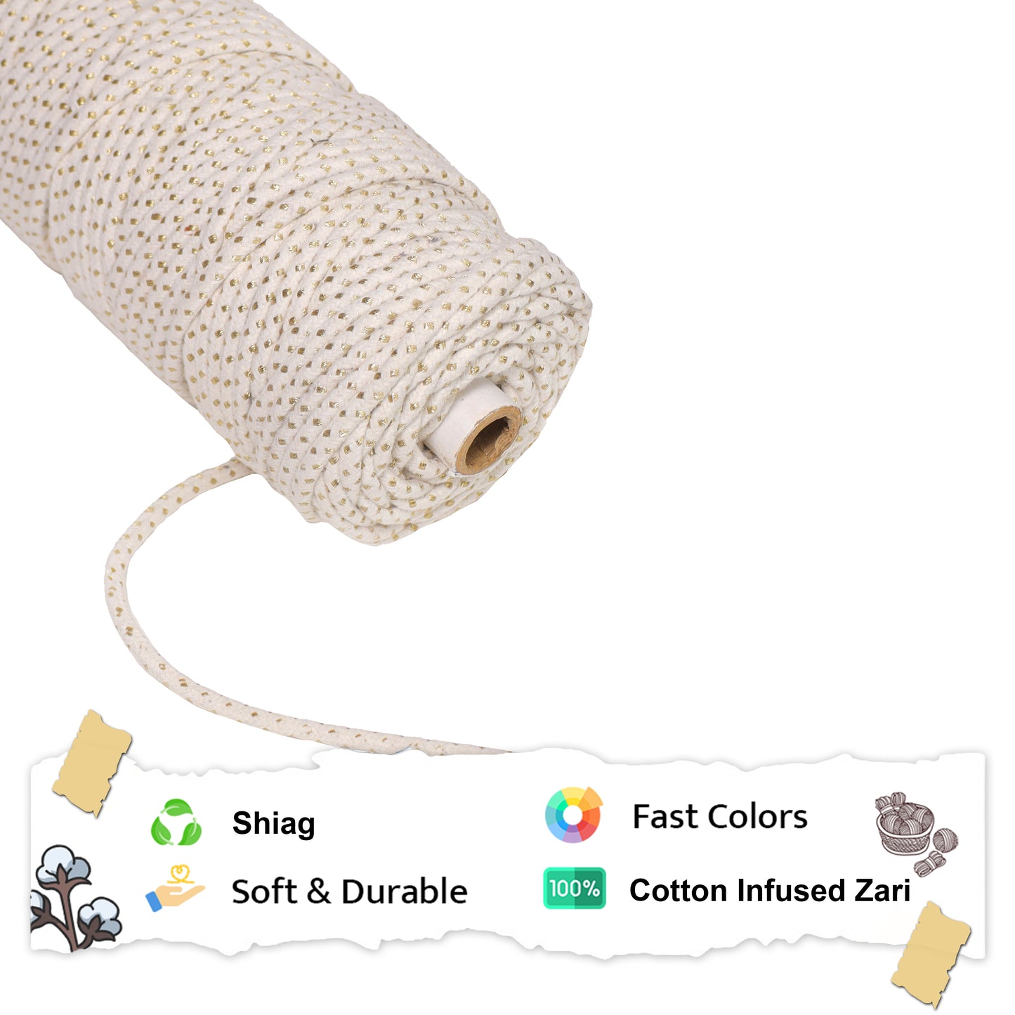 5mm Braided | Off White+Golden | Approx 100 Metres | 1kg Spool | Cotton Infused Zari