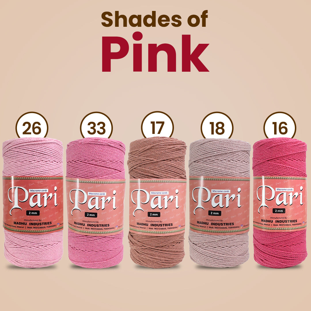 2mm ટ્વિસ્ટેડ (3Ply) | બેબી પિંક | 350 - 400 મીટર | 1 કિલો સ્પૂલ | કપાસ