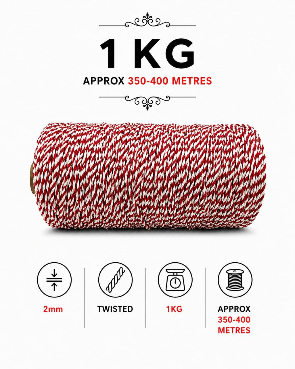2mm Twisted Multicolor | Red+Off white | Approx 350-400 meters | 1Kg