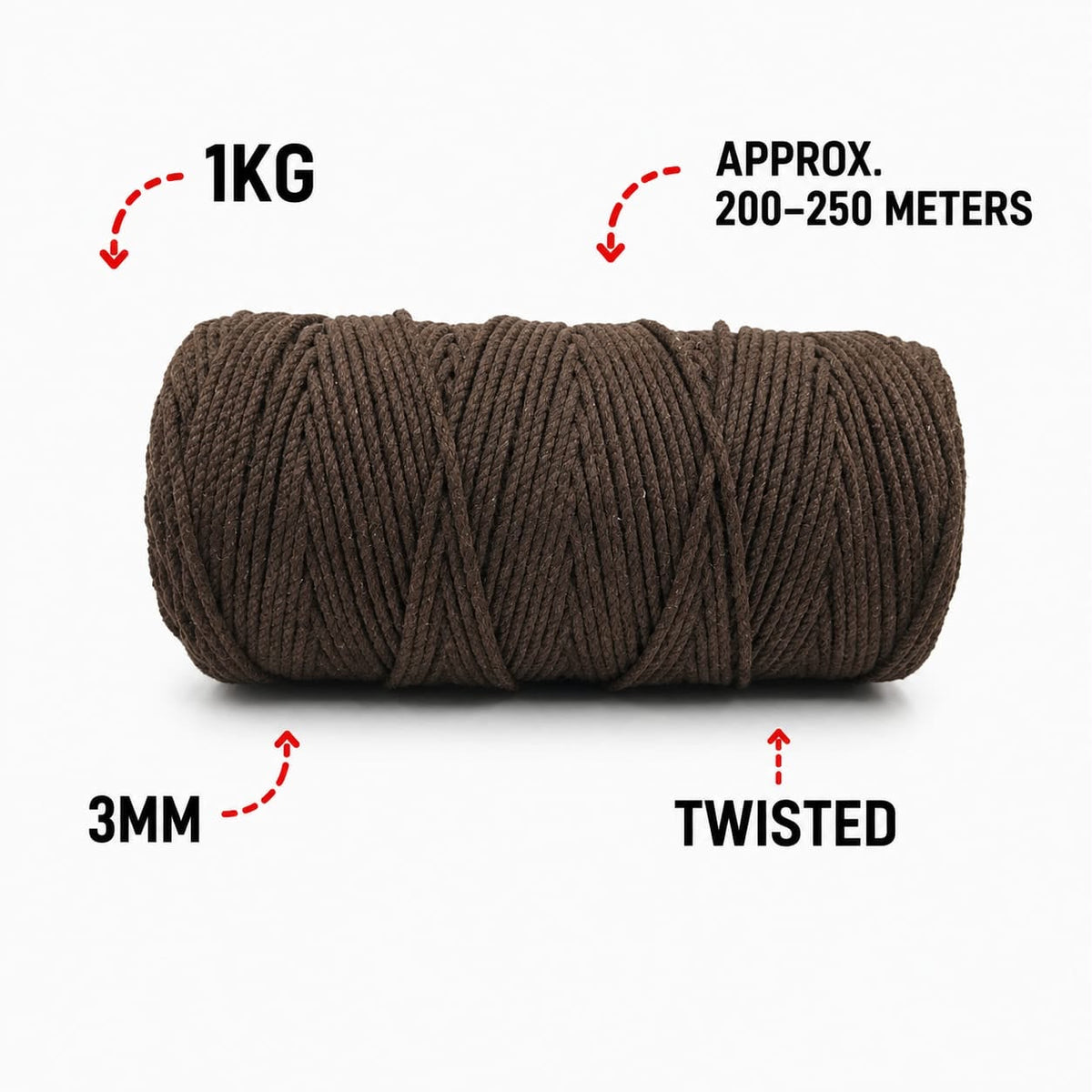 3mm Twisted (3ply) | Cocoa Brown Colour| 200-250 Meters| Cotton | 1Kg Spool