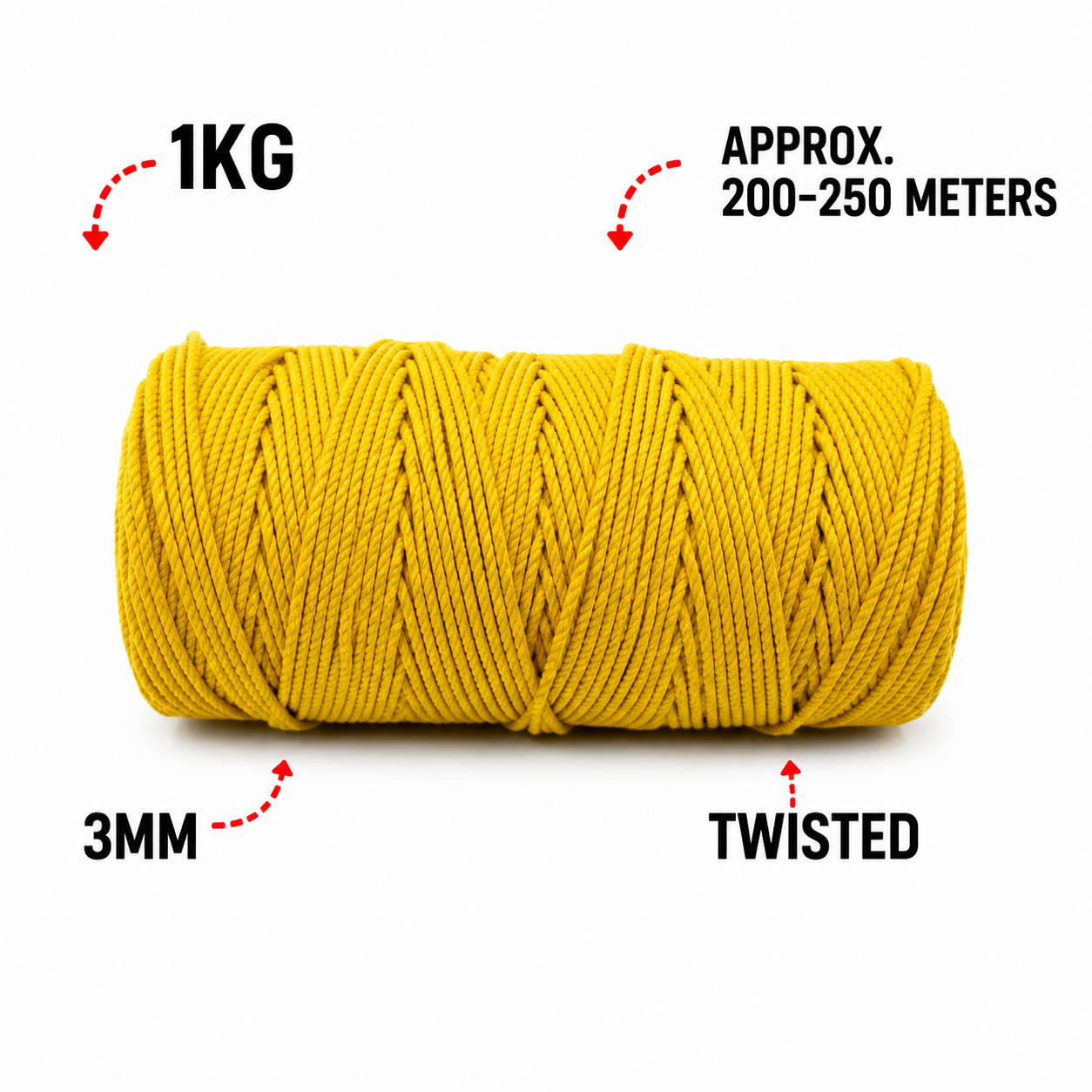 3mm Twisted (3Ply) | Mustard | 200 - 250 Metres | 1kg Spool | Cotton | No 07