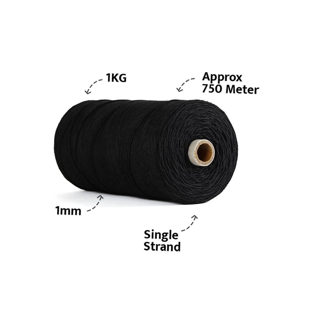 1mm Single Strand | Black | 750 Metres | 1kg Spool | Cotton | No 01