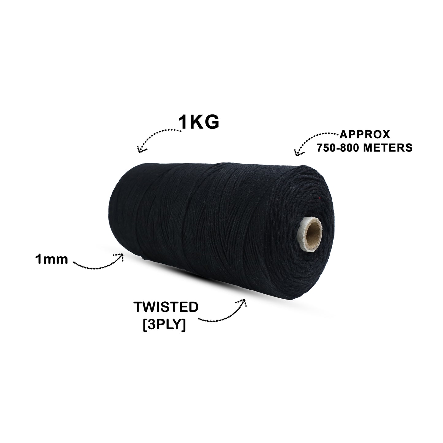 1mm Twisted (3Ply) | Black | 750 Metres | 1kg Spool | Cotton | No 01