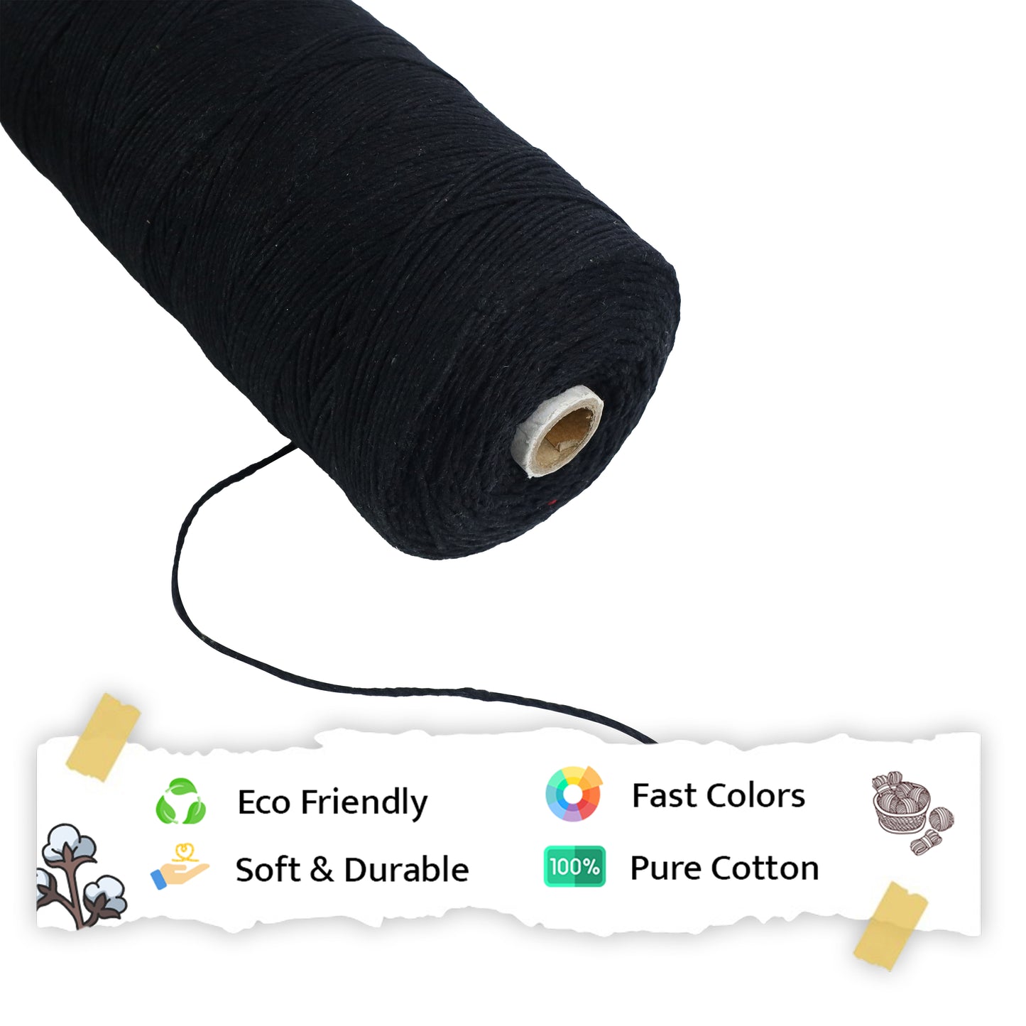 1mm Twisted (3Ply) | Black | 750 Metres | 1kg Spool | Cotton | No 01