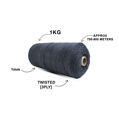 1mm Twisted (3Ply) | Dark Grey | 750 Metres | 1kg Spool | Cotton | No 02