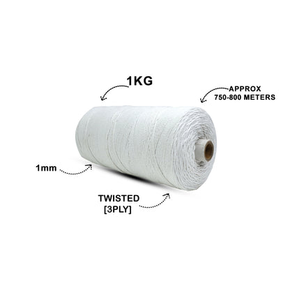 1mm Twisted (3Ply) | Pure White | 750 Metres | 1kg Spool | Cotton | No 03