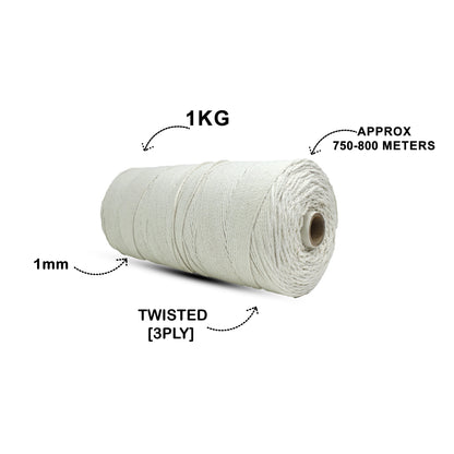 1mm Twisted (3Ply) | Off White | 750 Metres | 1kg Spool | Cotton | No 04