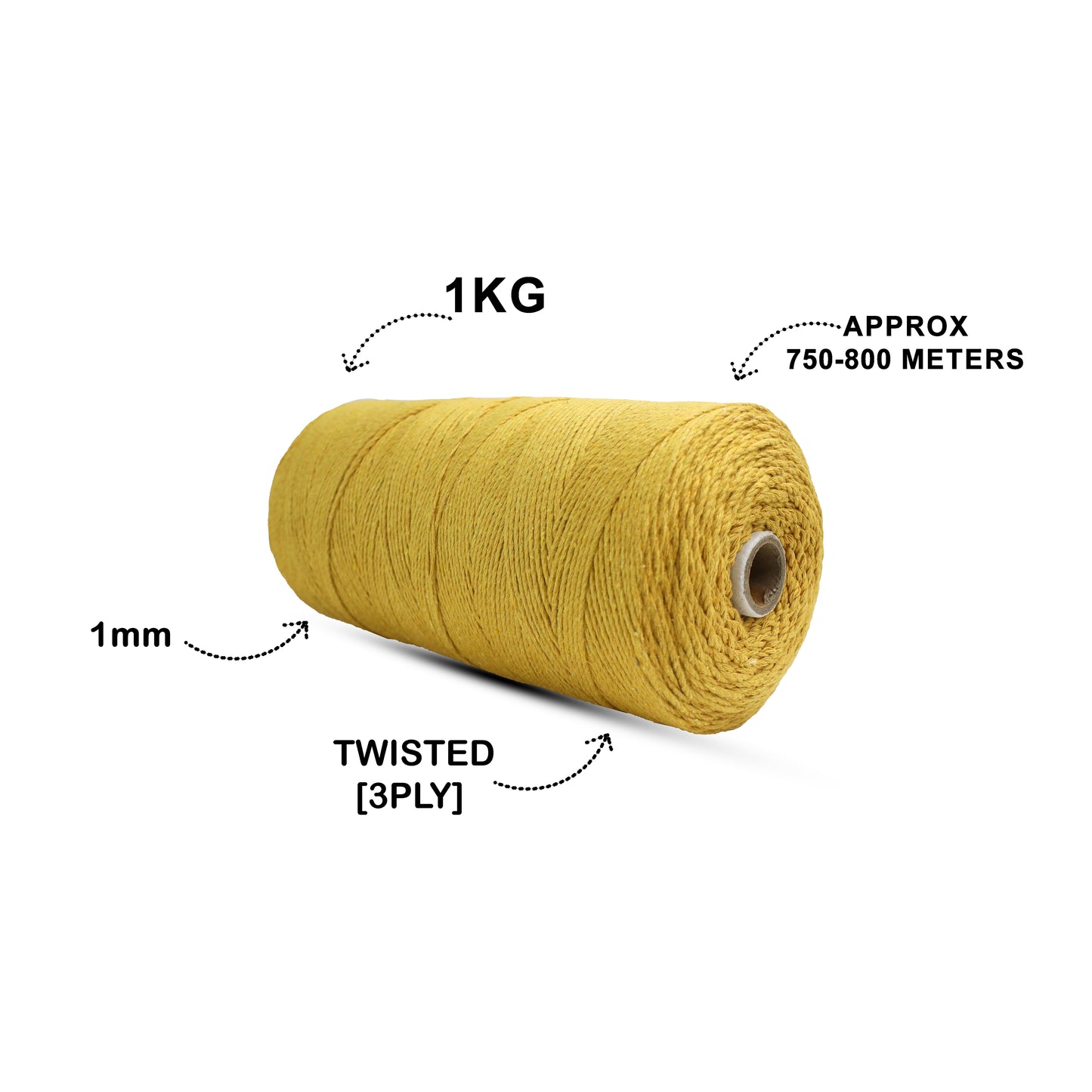 1mm Twisted (3Ply) | Mustard | 750 Metres | 1kg Spool | Cotton | No 07