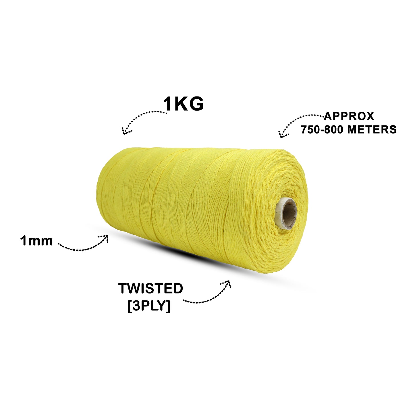 1mm ટ્વિસ્ટેડ (3Ply) | પીળો | 750 મીટર | 1 કિલો સ્પૂલ | કપાસ (કોપી) (કોપી)