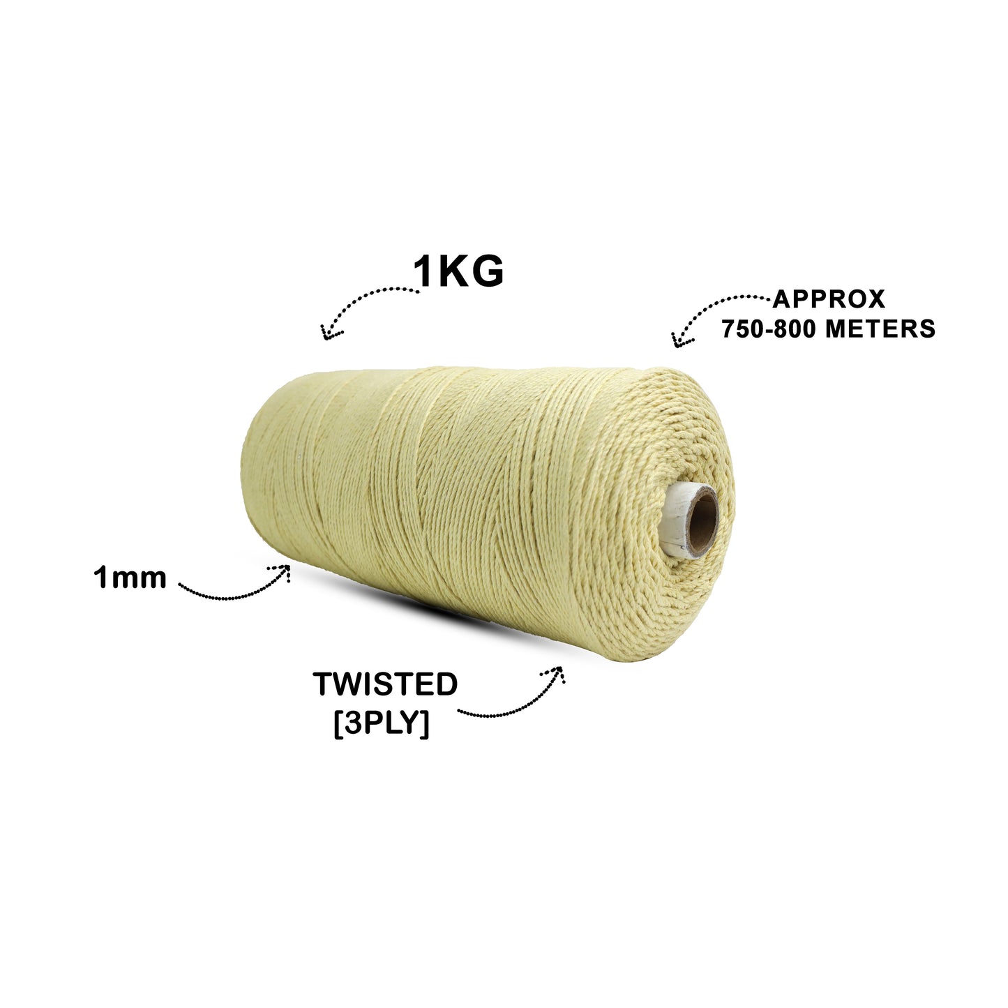 1mm Twisted (3Ply) | Light Yellow | 750 Metres | 1kg Spool | Cotton | No 09