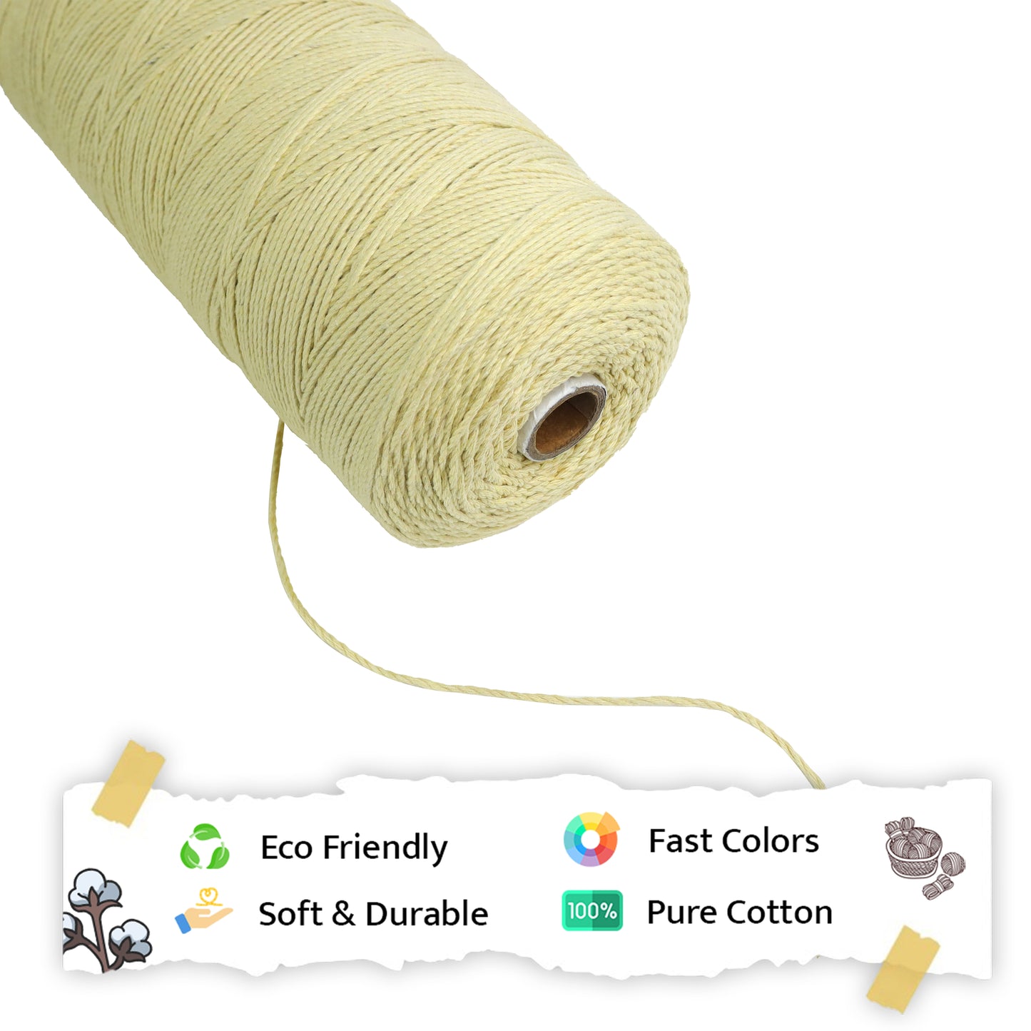 1mm Twisted (3Ply) | Light Yellow | 750 Metres | 1kg Spool | Cotton | No 09