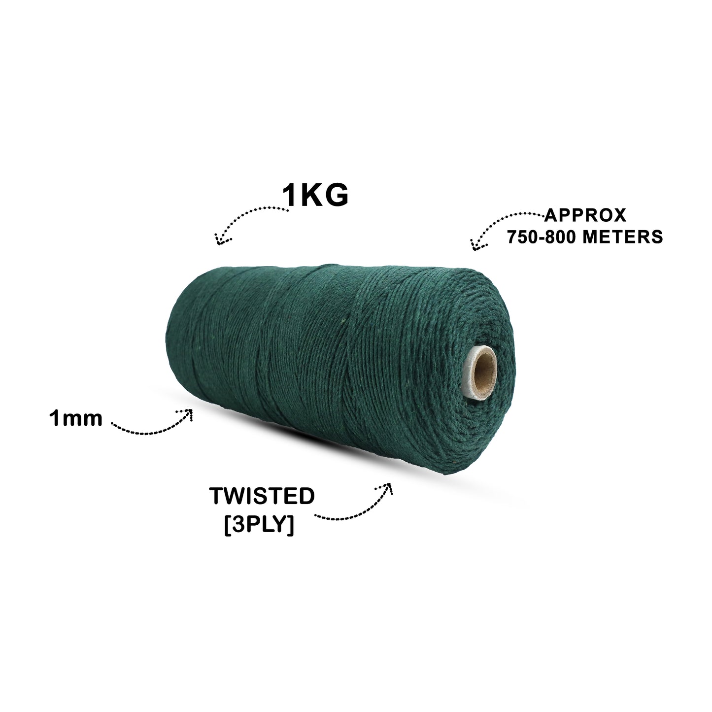 1mm Twisted (3Ply) | Forest Green | 750 Metres | 1kg Spool | Cotton | No 10