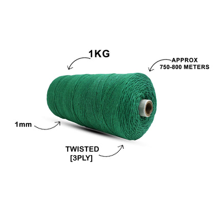 1mm Twisted (3Ply) | Green | 750 Metres | 1kg Spool | Cotton | No 11