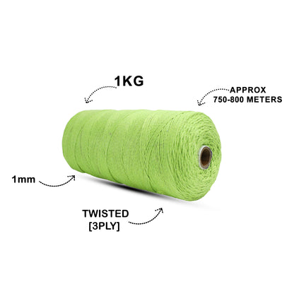 1mm ટ્વિસ્ટેડ (3Ply) | પોપટ લીલા | 750 મીટર | 1 કિલો સ્પૂલ | કપાસ