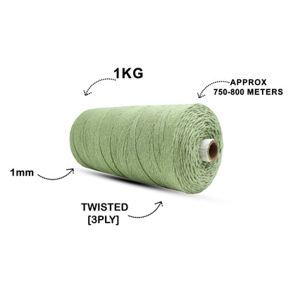 1mm Twisted (3Ply) | Olive Green | 750 Metres | 1kg Spool | Cotton | No 14