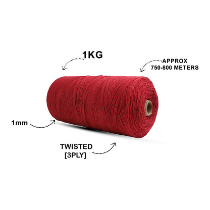 1mm Twisted (3Ply) | Red | 750 Metres | 1kg Spool | Cotton | No 15