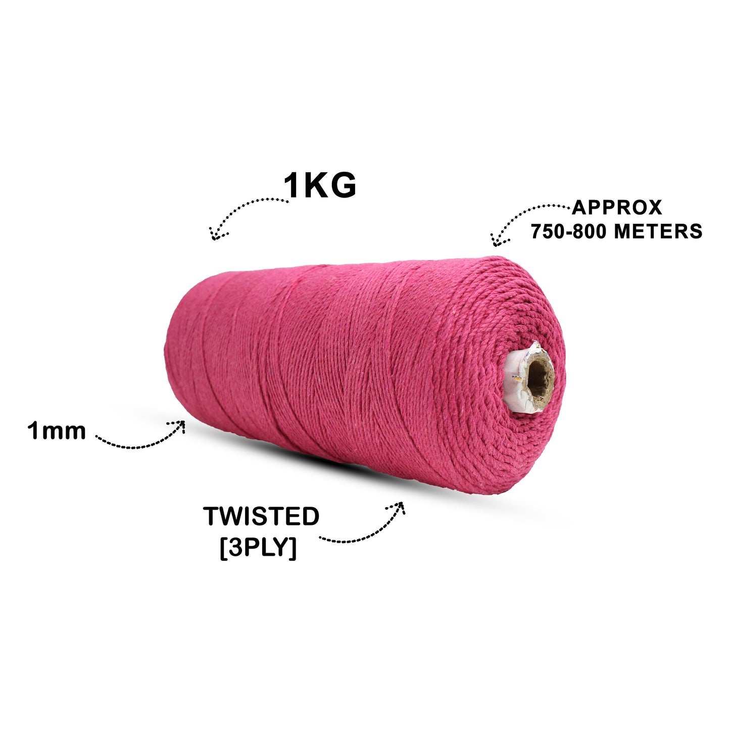 1mm Twisted (3Ply) | Hot Pink | 750 Metres | 1kg Spool | Cotton | No 16