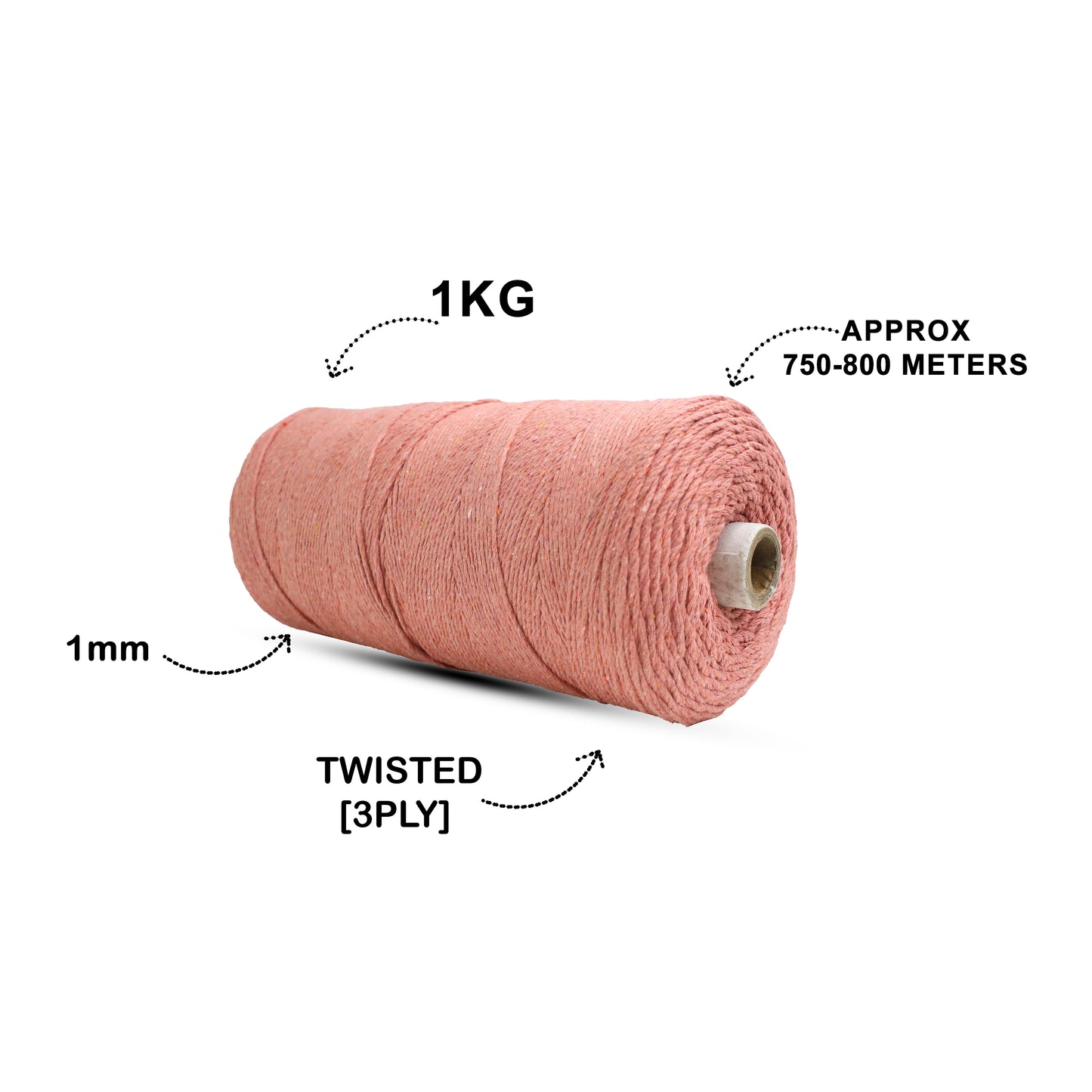 1mm Twisted (3Ply) | Peach | 750 Metres | 1kg Spool | Cotton | No 17