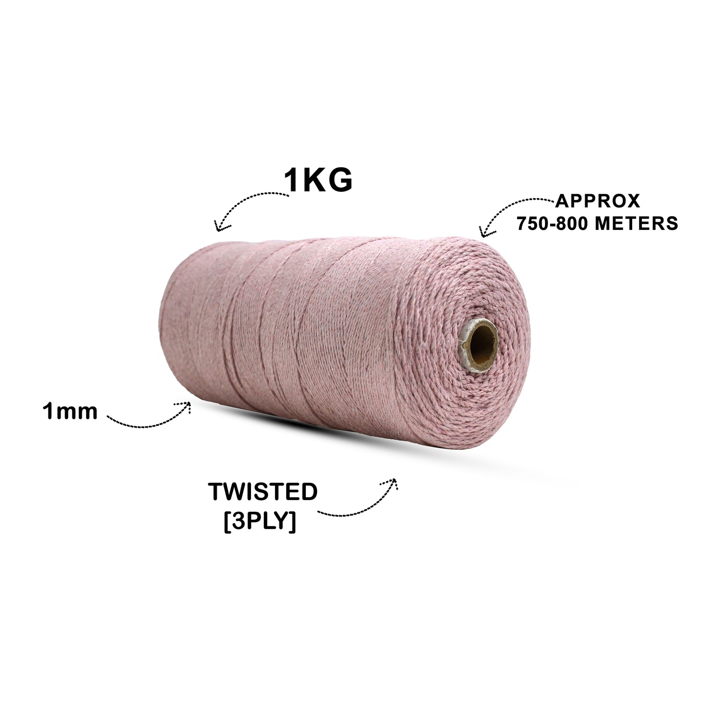 1mm Twisted (3Ply) | Baby Pink | 750 Metres | 1kg Spool | Cotton | No 18