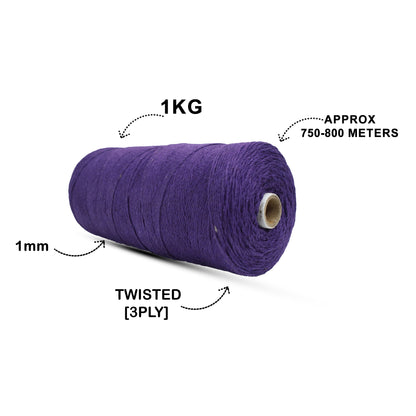 1mm Twisted (3Ply) | Violet | 750 Metres | 1kg Spool | Cotton | No 21