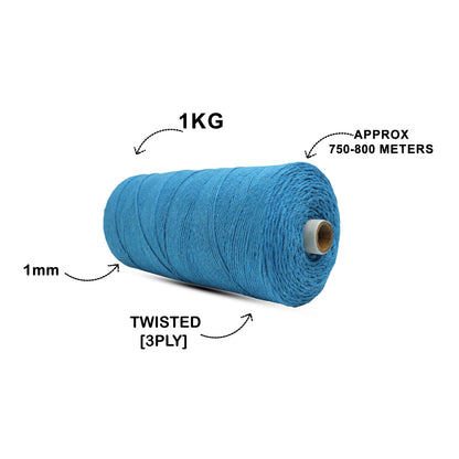 1mm Twisted (3Ply) | Bright Blue | 750 Metres | 1kg Spool | Cotton | No 22