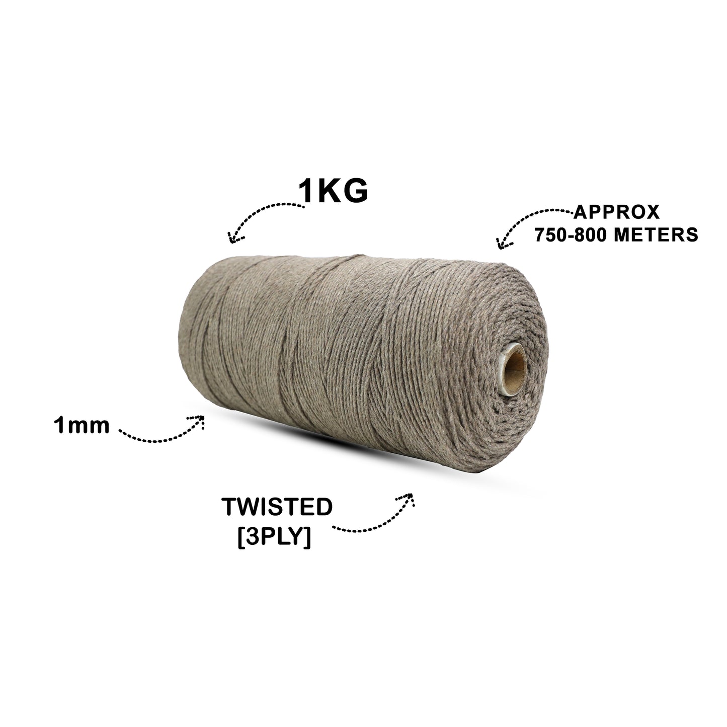 1mm Twisted (3Ply) | Mud Colour | 750 Metres | 1kg Spool | Cotton | No 23