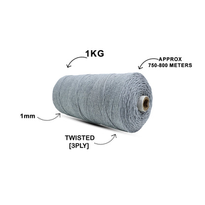 1mm Twisted (3Ply) | Steel Grey | 750 Metres | 1kg Spool | Cotton | No 24