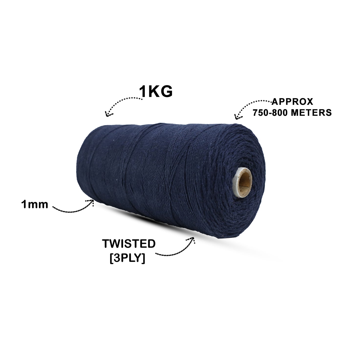 1mm Twisted (3Ply) | Dark Blue | 750 Metres | 1kg Spool | Cotton | No 27