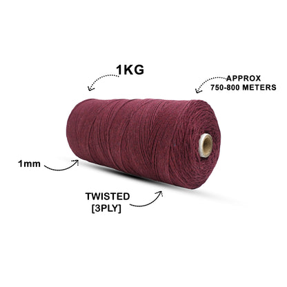 1mm Twisted (3Ply) | Wine | 750 Metres | 1kg Spool | Cotton | No 29