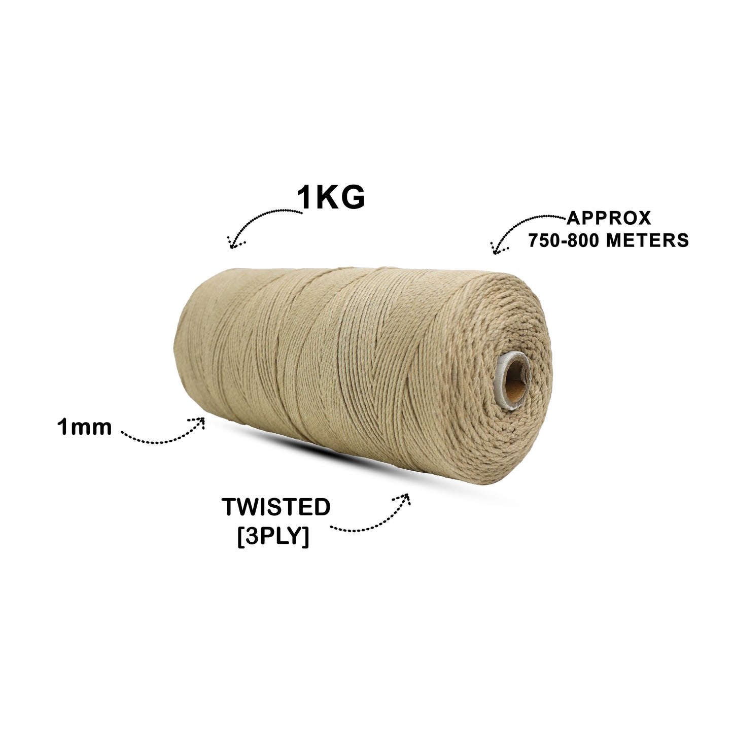 1mm Twisted (3Ply) | Beige | 750 Metres | 1kg Spool | Cotton | No 30